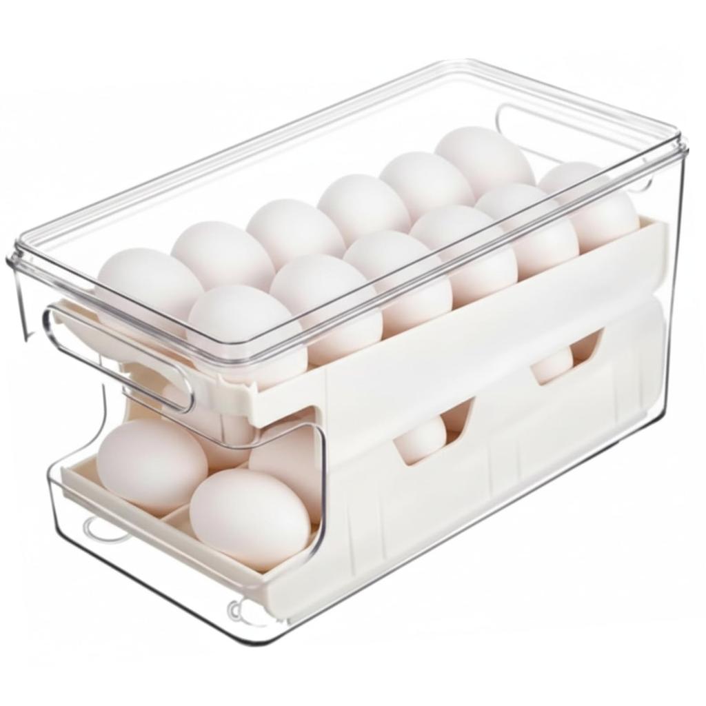Egg tray for refrigerator, holds 24 eggs, automatic refilling, 2-tier design, sliding lid, convenient storage.