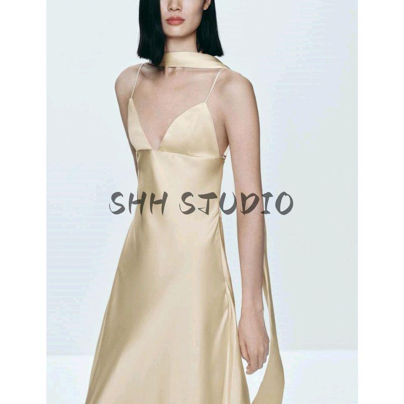 Summer New Women clothes Bowknot Decoration V-neck Sleeveless Thin Scarf with Silk Satin Texture Dress 8033331