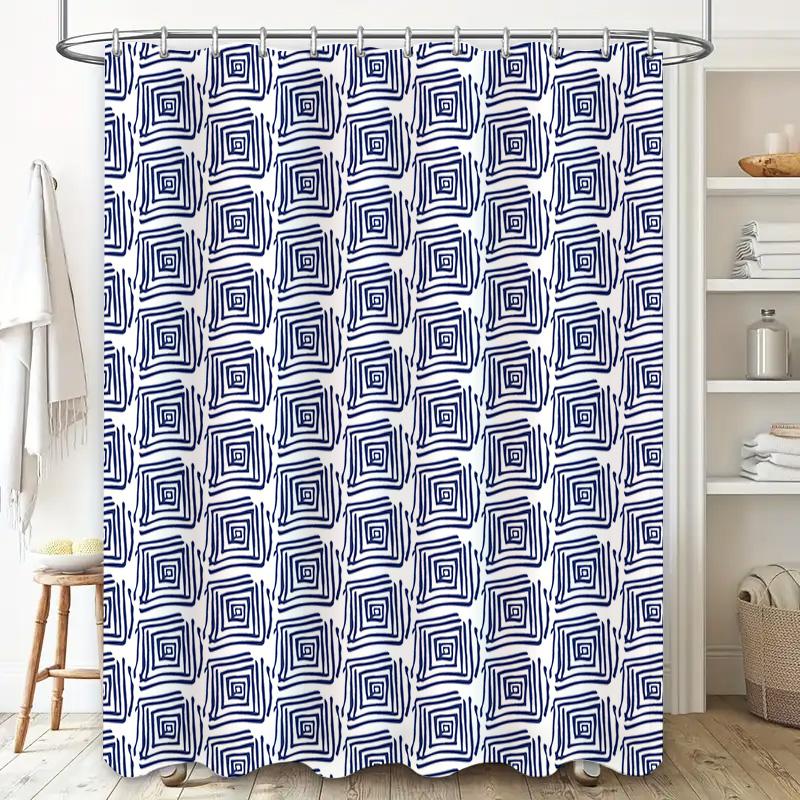 Trendy Bath Shower Curtain with Blue White Geometric Pattern for Home Decor Modern Window Waterproof Fabric Shower Curtain (69x7