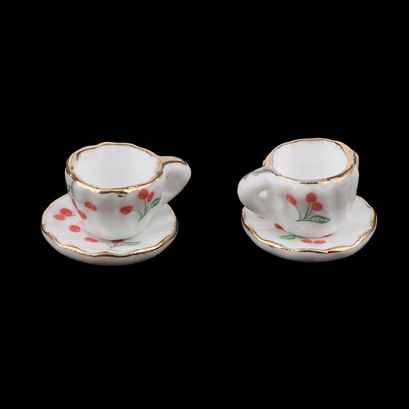 1Set/2Pcs 1:12 Dollhouse Miniature Cherry Ceramic Cup Saucer Kitchen Tableware Model Decor Toy Doll House Accessories