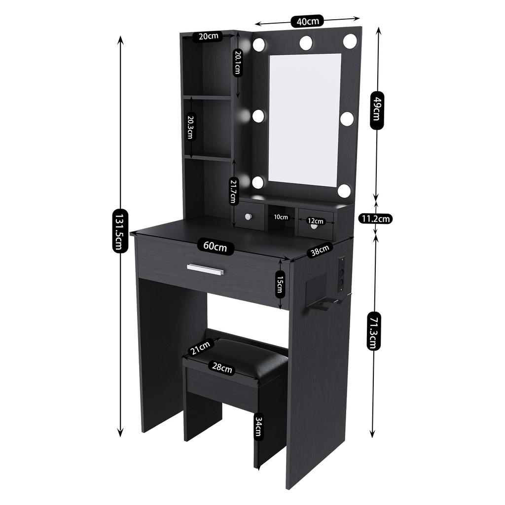 Small Vanity Table with Mirror and Adjustable LED Lighting, Socket, Hair Dryer Holder & Padded Stool - with Drawers and Shelf, Black, W60/H131.5/D38cm
