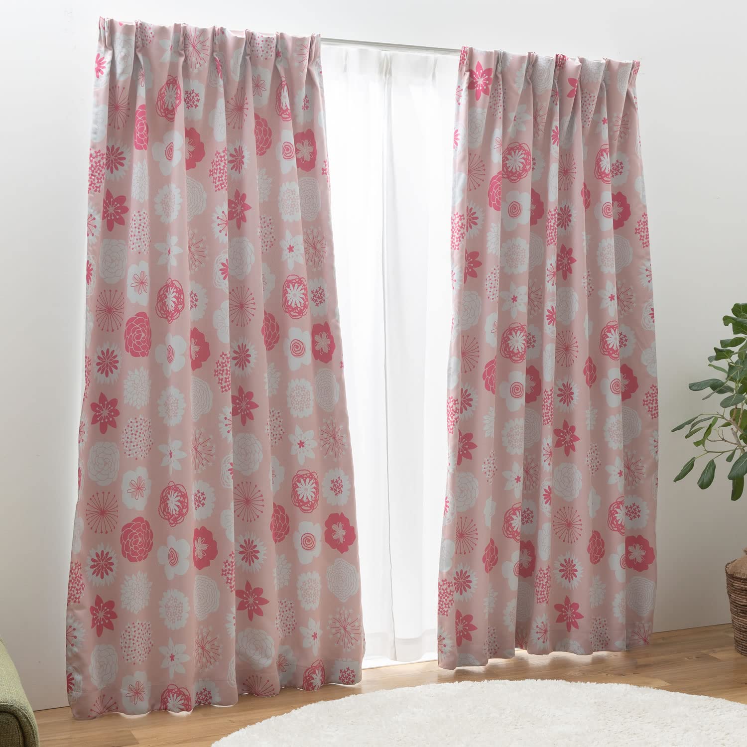 

Univer Curtain Set Level 2 100cm Wide x 178cm Set of Curtain Set Ready-to-Use (with Lace), Blackout, Long, 4, Washable, Pink, 4-Piece розовый