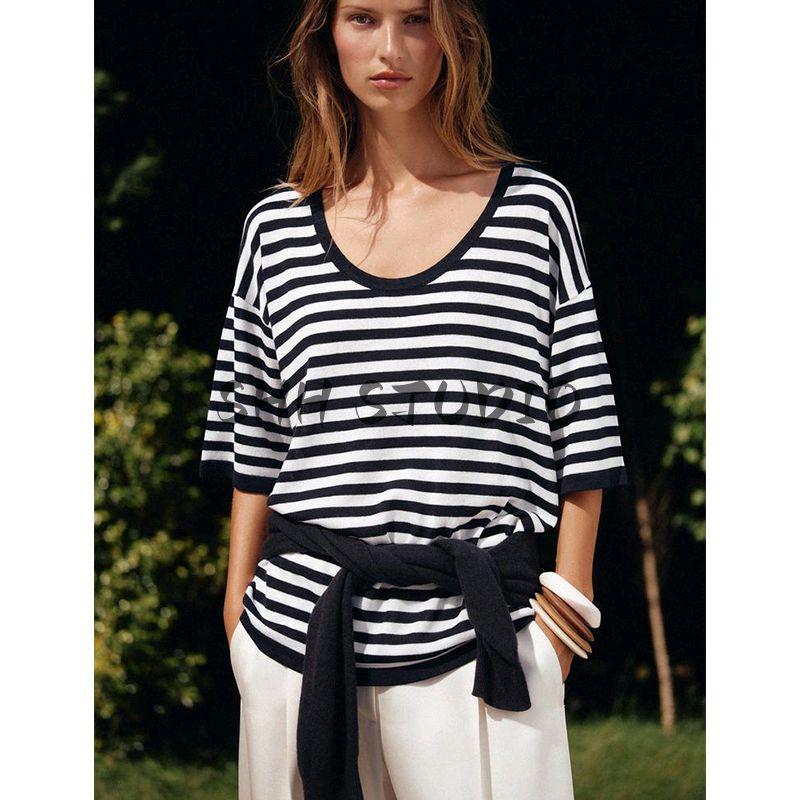 Summer New Women Clothes French Style Preppy Short Sleeve V-neck Knitted Stripes Loose and Comfortable Top 1509011