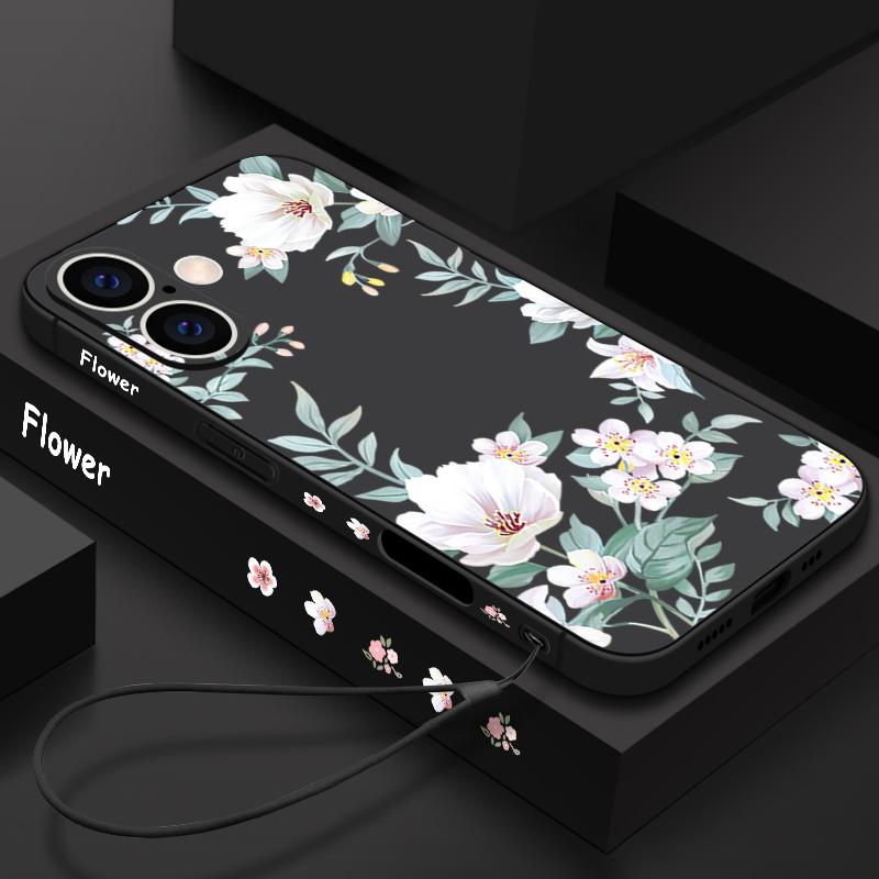 Plain Floral Pattern Shockproof Soft Case For iPhone 16 Pro Max 15 14 Pro 13 12 Mini 11 XS XR 8 7 Lanyard TPU Lens Protection Slim Matte Phone Cover
