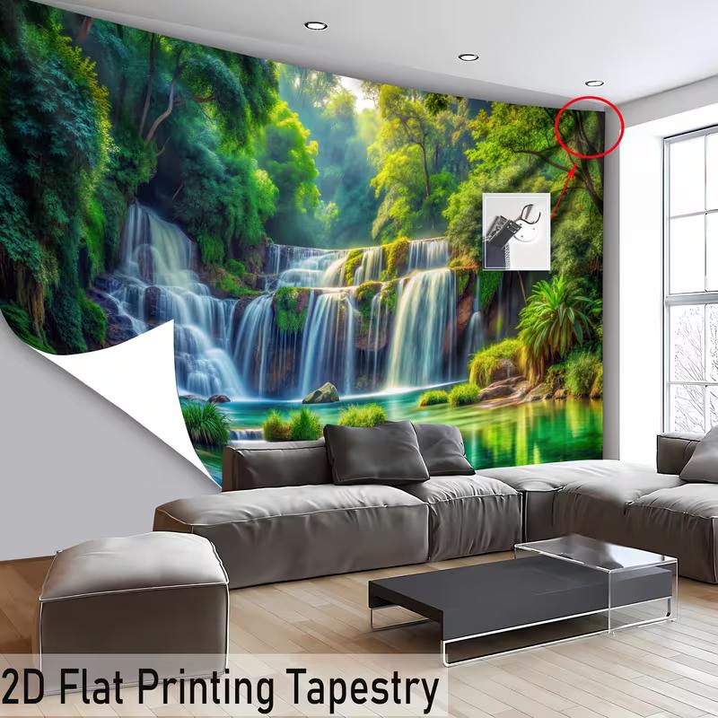 2D Tropical Waterfall Tapestry Lush Rainforest Background Cloth
