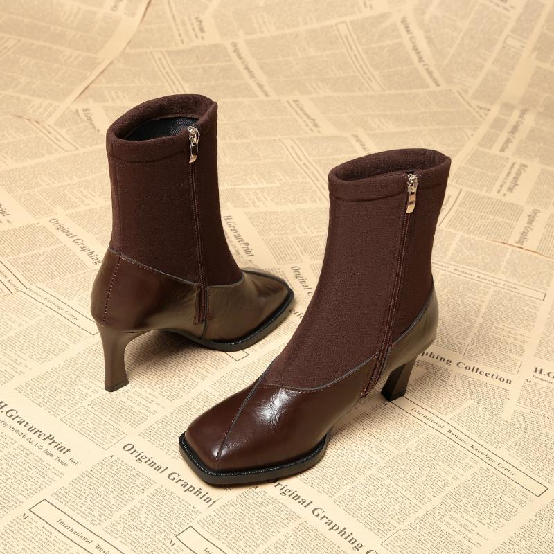 Autumn and Winter New Rock Leather Short Boots for Women, French Luxury Mid Length Slim Boots, High-heeled Women's Boots, Shoes