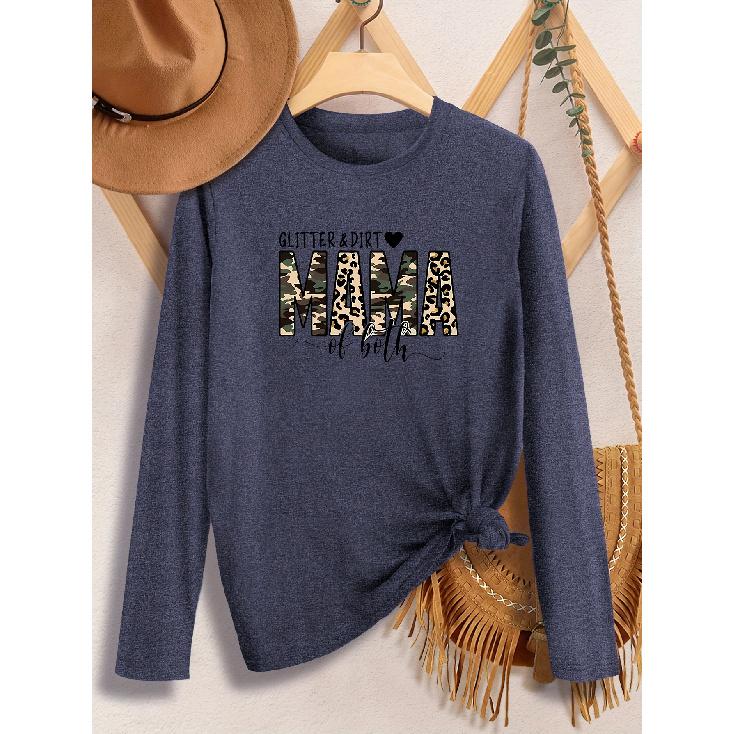 Women s Camouflage MAMA Letter Print Round Neck Long Sleeve Top, Fashionable for Spring, Summer and Autumn S сапфир синий