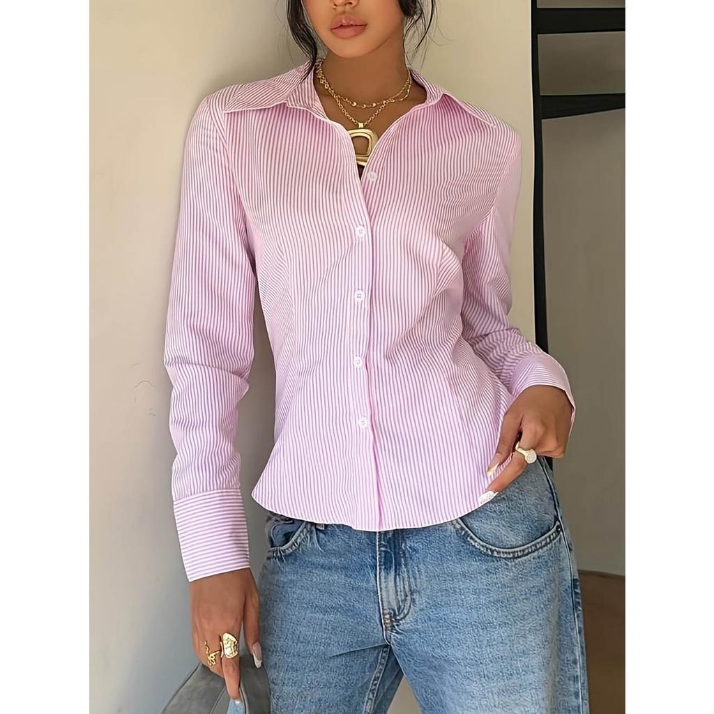 Blouses & Shirts - Spring Autumn Women's Vertical Striped French Long Sleeve Shirt, Design Sense Slim Waist Fitted Blouse Women, Crossborder Top