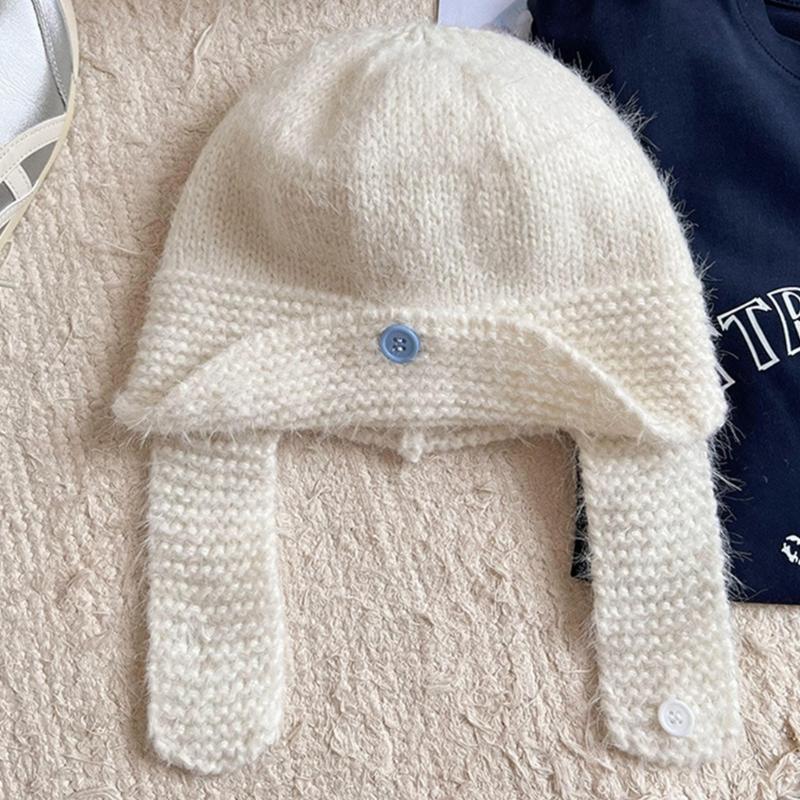 Winter Warm Knit Hat for Women Girl Button EarFlap Beanie Hat Outdoor Activity Scarf Cap Windproof Headwear Pullover Hat