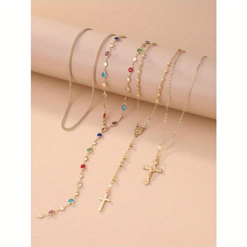 4pcs/Set Bohemian Style Colorful Crystal & Vintage Metal Cross Pendant Y-Necklace Set, Suitable For Women's Everyday And Holiday Wear