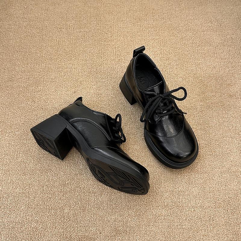 

Платформенные туфли из натуральной кожи женские в британском стиле на шнуровке одинарные туфли 2025 осень черные на высоком толстом каблуке в стиле колледжа лоферы 40 чёрный