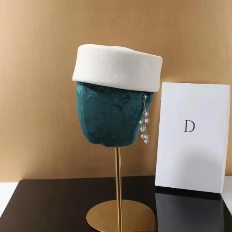 Women 100%  Wool Felt Berets Vintage Hard Concave Top Fedoras Hats Wedding Fascinator Hats Cocktail Party Bridal Pillbox Cap