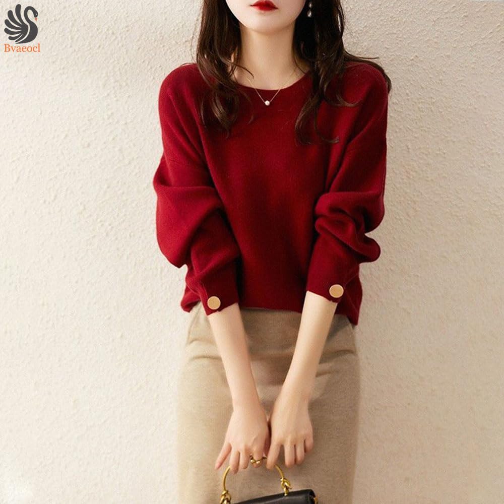 Bvaeocl Knit Long Buttoned BV88 Women's Sweater, Sleeve, Sleeves, Pullover, Soft, Slimming, Simple, Stylish, Elegant, Autumn/Winter, (S, Red)