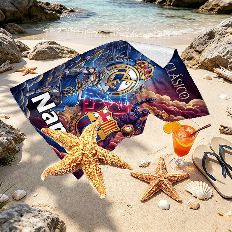 Custom Name Personalized Barcelona FC Soccer Print Beach Towel, for Trip Camping Beach Party Home Decor, Birthday Gift for Family & Friends