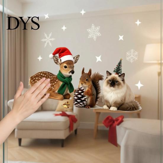 Holiday Glass Decals Christmas Static Window Stickers with Cute Reindeer Squirrel Cat Design, Removable Clings, Easy Apply Clings Waterproof