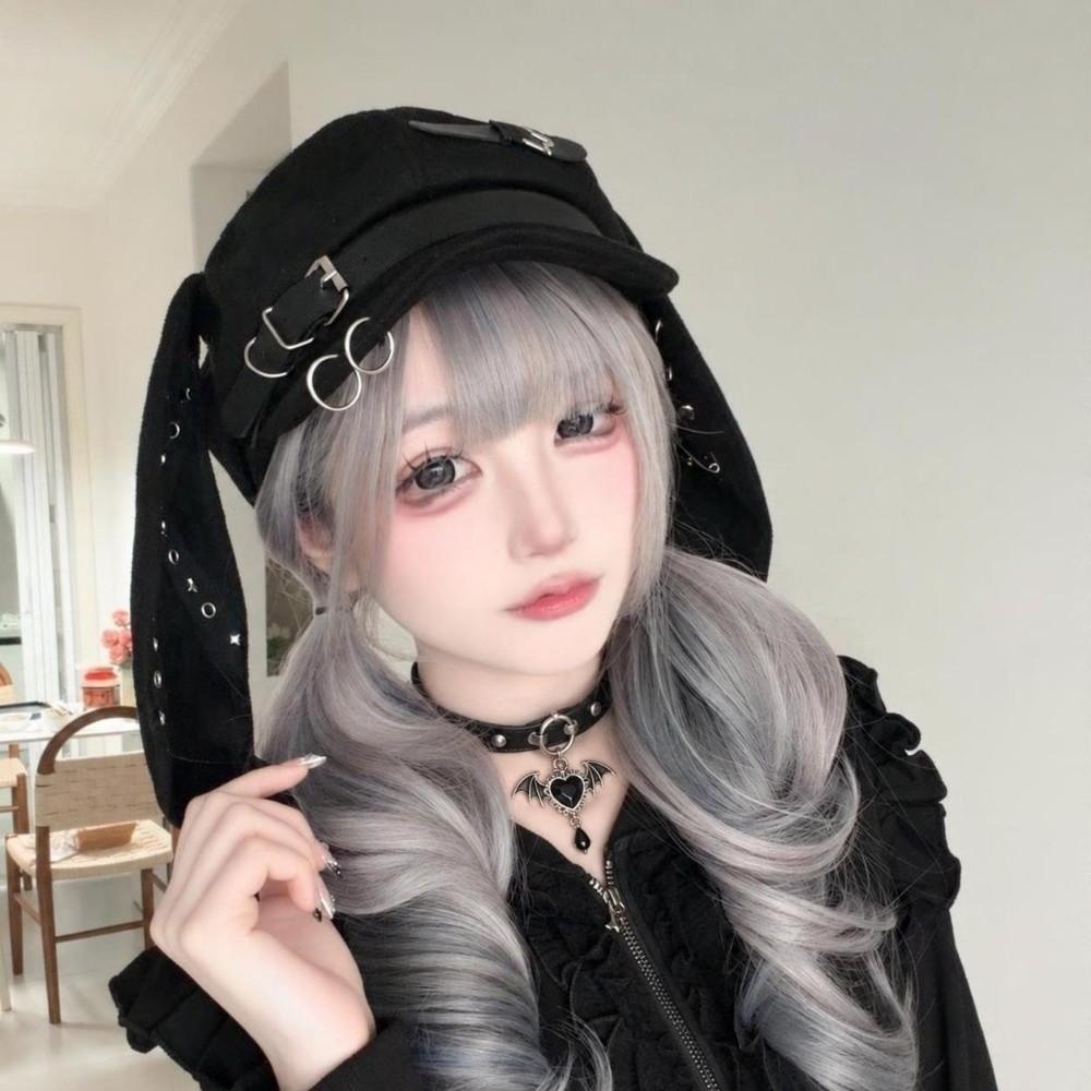 Detachable Long Rabbit Ears Beret Rivet Buckle Chic Octagonal Hat Gothic Punk Hat  for Girls