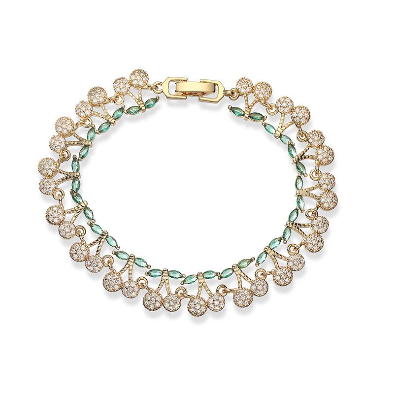 18K Gold Plated Brass Sweet and Cute Splicing Adjustable Cherry Flower Zircon Bracelet for Women's Zircon Birthday Gift 1 Pcs