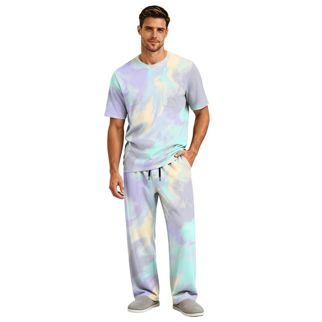 Men's Home Pajama Set, Short Sleeve Top and Long Pants with Button Fly and Drawstring Waist