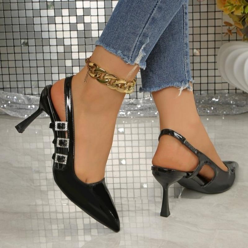 Patent leather temperament high heels French pointed toe rear empty new one-word wrapped head sandals