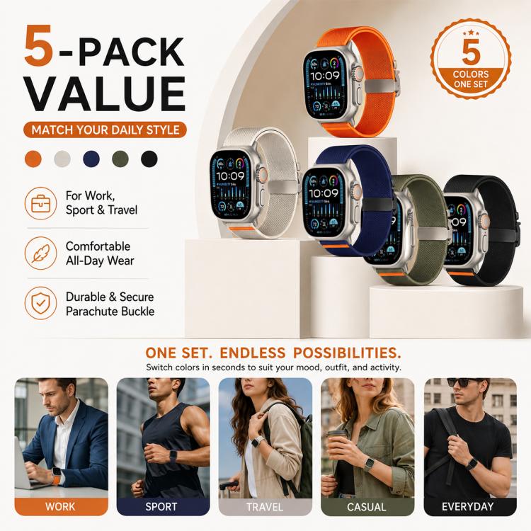 5‑Pack Stretch‑Nylon Replacement Watch‑Band Strap, Parachute‑Style Buckle Adjustable Wrist‑Bracelet Accessory For Apple Watch 42/44/45/46/49mm