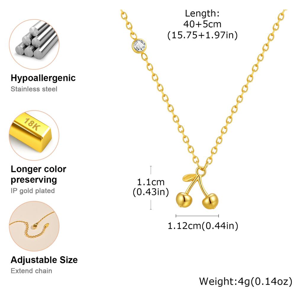 Sideway Zircon Cherry Pendant Necklace, Thin Chain Choker Necklace Stainless Steel, Women's Gold-plated Jewelry
