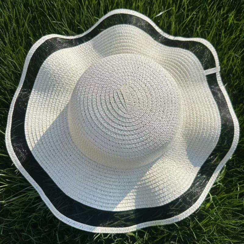 Mesh Wavy Edge Straw Hat Summer Travel Beach Sun Hat Breathable Sunshade Big Eaves Woven DIY Sunscreen Straw Hat