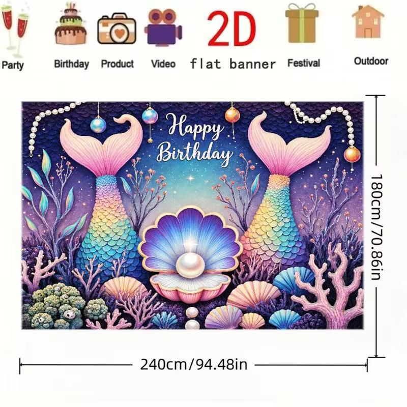 2D Underwater Ocean Mermaid Backdrop, Purple & Pink Birthday Decoration Background