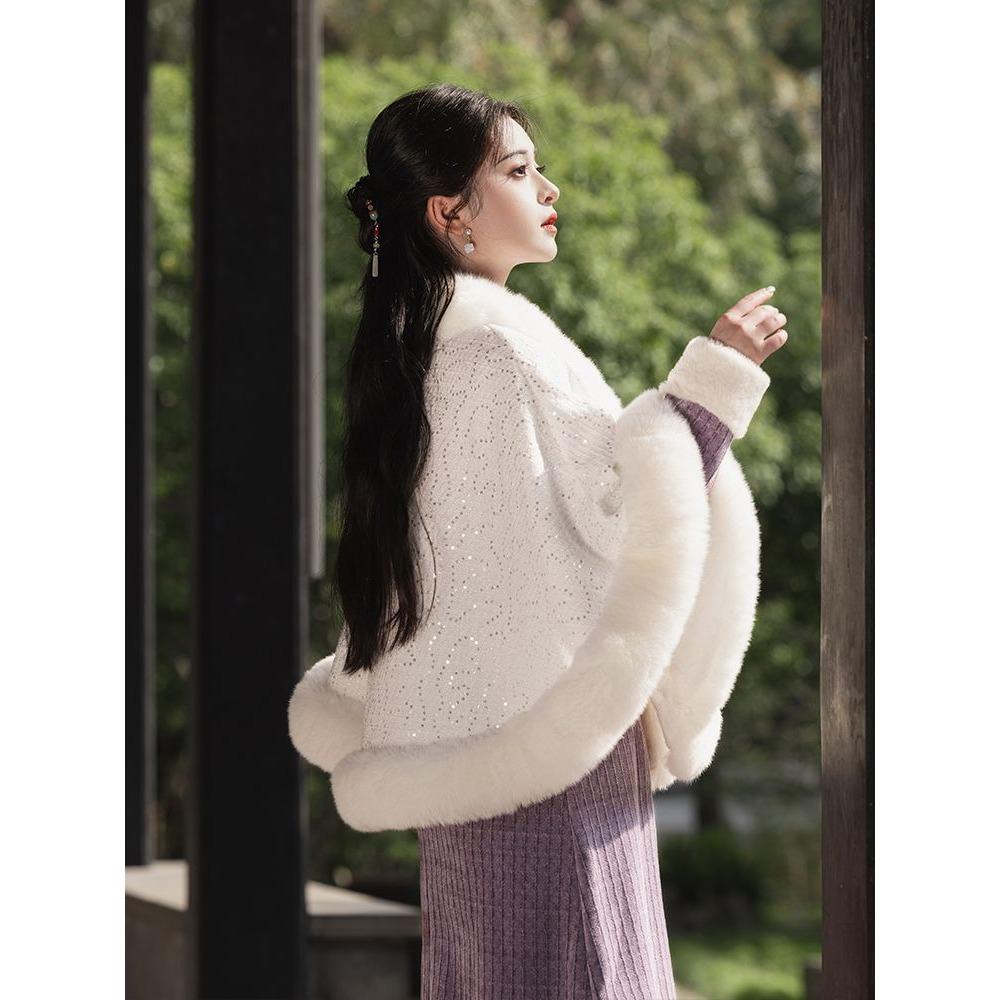 Cheongsam Outer Shawl Cloak Fall and Winternew Arrivalretro Cloak Fleece-lined Thick Heattechoutwear for Women