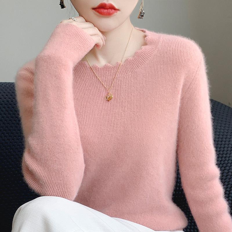 

French Lace Round Neck Knitted Sweater for Women s Autumn and Winter Soft Glutinous Long Sleeved Sweater Solid Color Long Sleeved Casual Pullover XXL рожевий