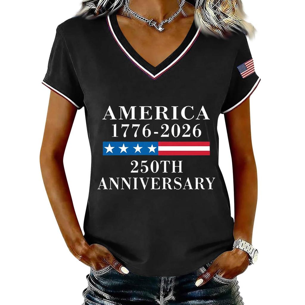 Damen Casual V-Ausschnitt Kurzarm Pullover T-Shirt 250. Jahrestag Druck Top für Unabhängigkeitstag Feier Sommerkleidung
