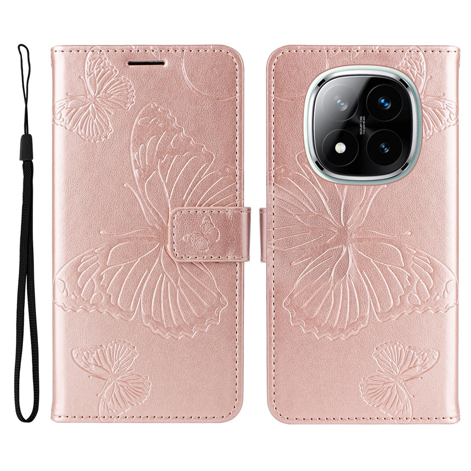 

For Xiaomi Redmi Note 14 Pro+ 5G/Note 14 Pro 5G/Poco X7 5G Wallet Case Floral Butterfly Imprinted Leather Phone Cover Stand Rose Gold