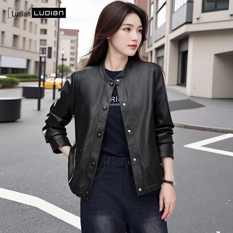 Women's Vintage Round Neck PU Leather Jacket