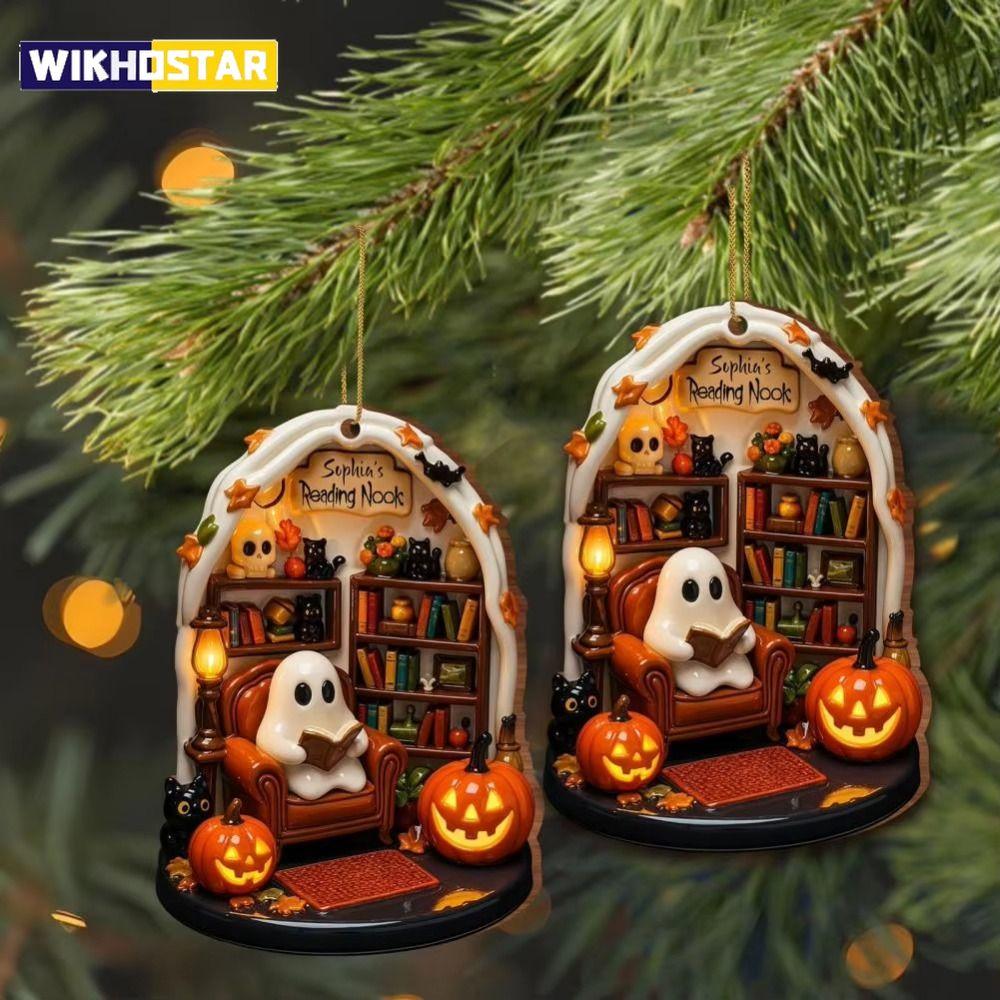 Cute Reading Ghost Halloween Ghost Ornaments 2D Flat Acrylic Pendant Halloween Spooky Decorations Home Decor