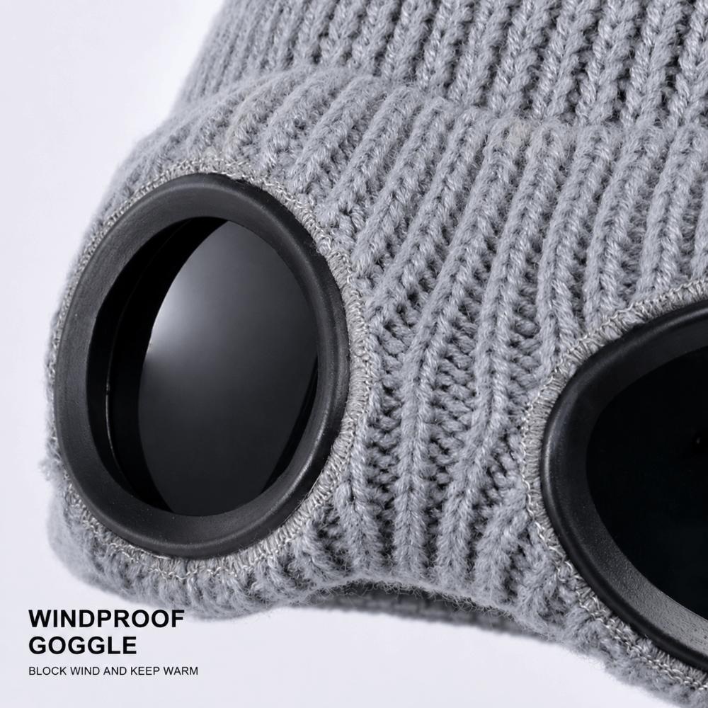 Plush Lining Winter Beanie Windproof Skullies Hat Fashion Knitted Goggles Hat for Women