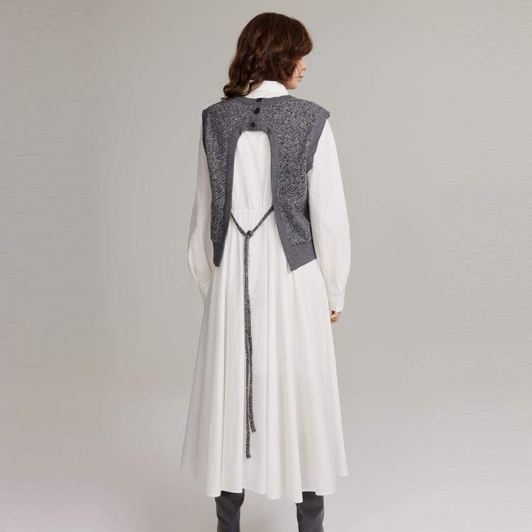 ELLE Solid Color Lapel Knitted Vest Mid Waist Long Loose Dress Casual Set Women sets White EA40104