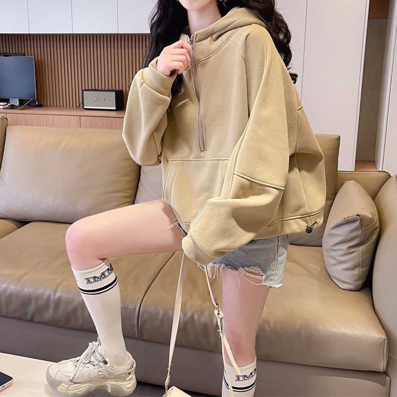 Sweatshirt for Women Cotton Solid Color Hooded Thickened Loose Round Neck Casual Pullover Long Sleeve Top Sweatshirt