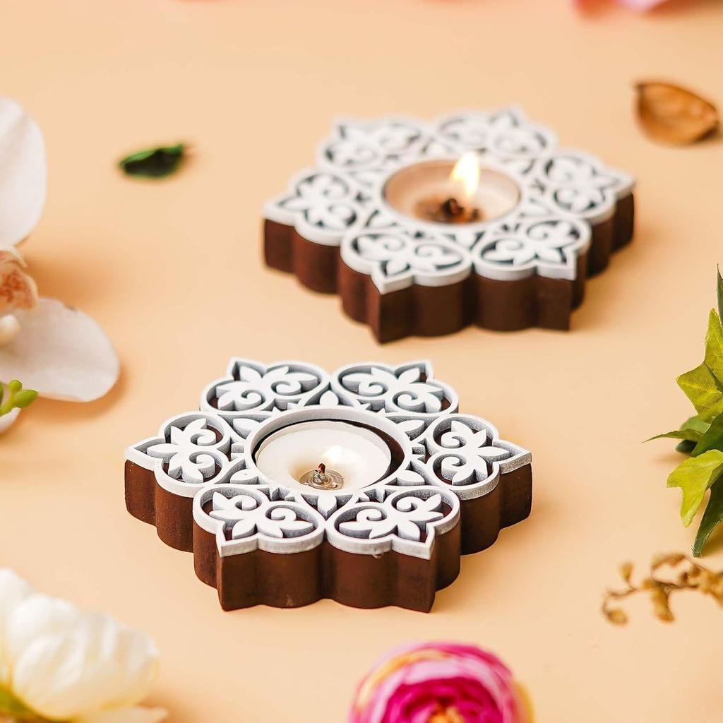 Set of 2 White Brown Wooden Floral Printing Block Decorative Tea Light Candle Holders, Diya Stands - Tea Light Holders - Christmas Diwali Decoration