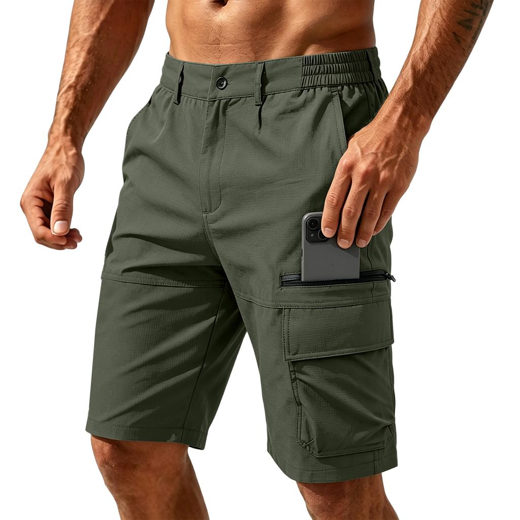 Men's Summer Casual Multi Pocket Cargo Shorts Outdoor Knee Length Work Shorts with Elastic Waistband and Zipper Pockets for Daily Use