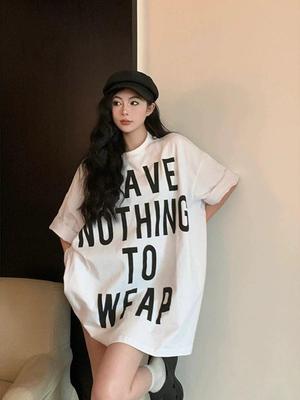 Vintage Korean Plus Size Short Sleeve Women’s Loose Fit Mid-Length T-shirt