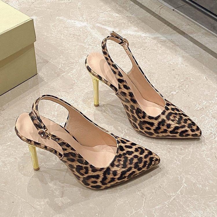 Leopard print bag head high heels women's spring new one-word with stiletto temperament sexy fashion sandals