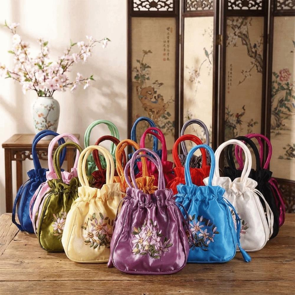 Leaf Embroidery Flower Handbag Ethnic Style Small Purse Wallet Hanfu Drawstrings Bag Shopping
