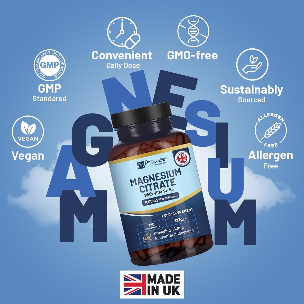 Magnesium Citrate Capsules 1500mg with Vitamin B6 | 120 Vegan Tablets | 450mg Elemental Mg