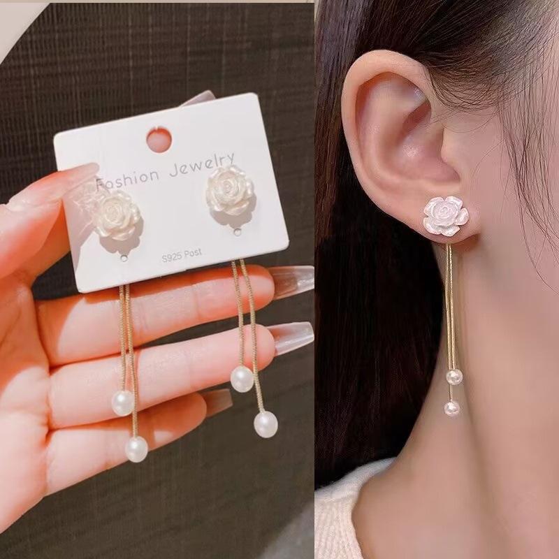 925 Silver Needle Geometric Pearl Earrings For Women Fashion Earrings Flowing Tassel Earrings Elegant Jewelry