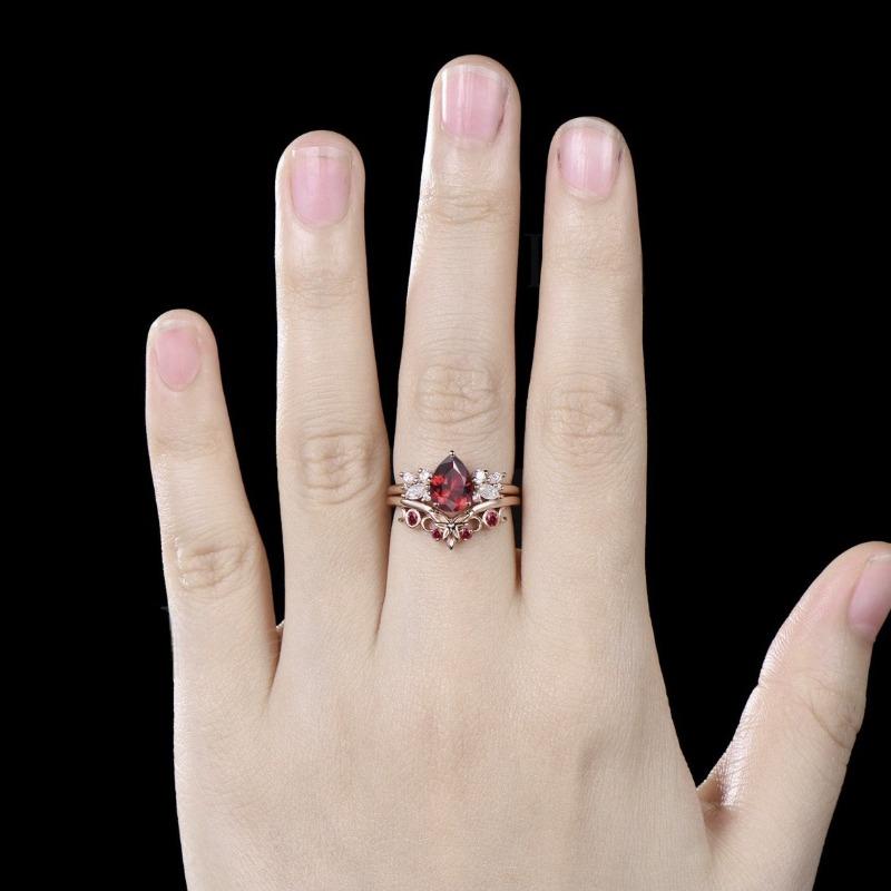 Women's Rose Gold Couple Rings - Butterfly Design with Pigeon Blood Ruby Inlay