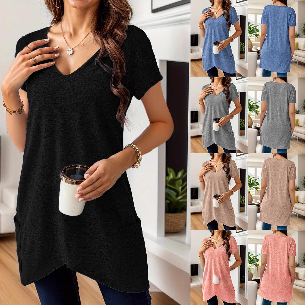 

Women s Solid Color V-neck Pocket Casual Versatile Fashion T-Shirts XXXL рожевий