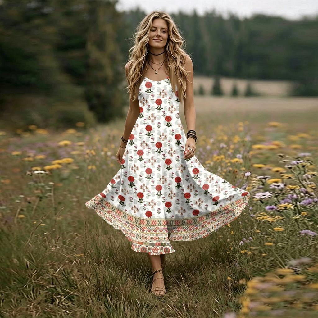 Women's Sleeveless V Neck Maxi Dress Summer Long Dress Casual Loose Fit Floral Print Bohemian Style Slip Dress