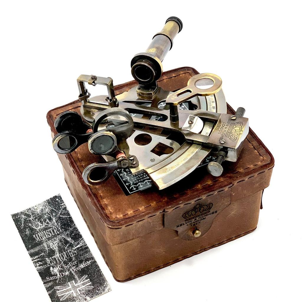Antiker maritimer nautischer Sextant Vintage Marine Astrolab Schiffsgeräte mit echter Lederbox Messing Schiffssextant mit Glasdeckelbox
