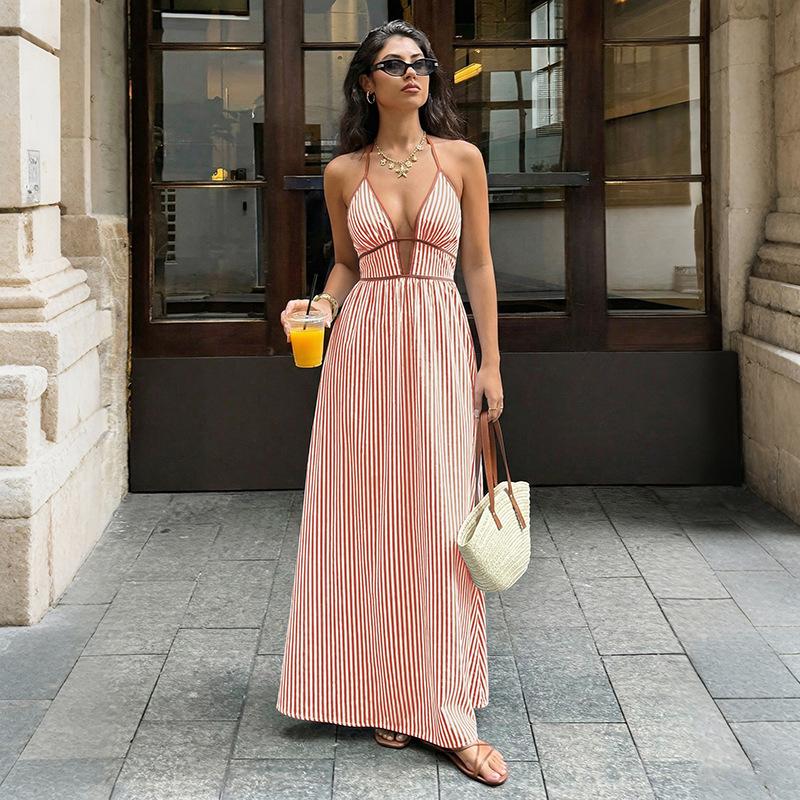New Style Fresh Beach-style Long Dress with Deep V-neck and Striped Halter-neck Backless Design