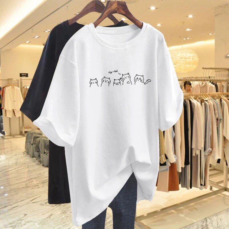 

150kg Plus-Size Women s Clothing 2026 Summer Hot-Selling European Style Large-Size Pure Cotton Printed Short-Sleeve T-Shirt 200 Loose-Fitting Top White 5XL(105-120kg)