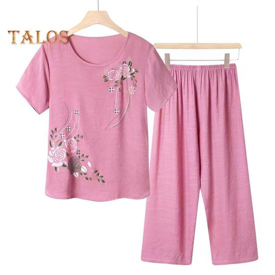 2 Pcs/Set Women T-shirt Pants Set Homewear Outfit Solid Color Floral Print Round Neck Short Sleeve Top Wide Leg Elastic Waist Loose Pants Pajamas